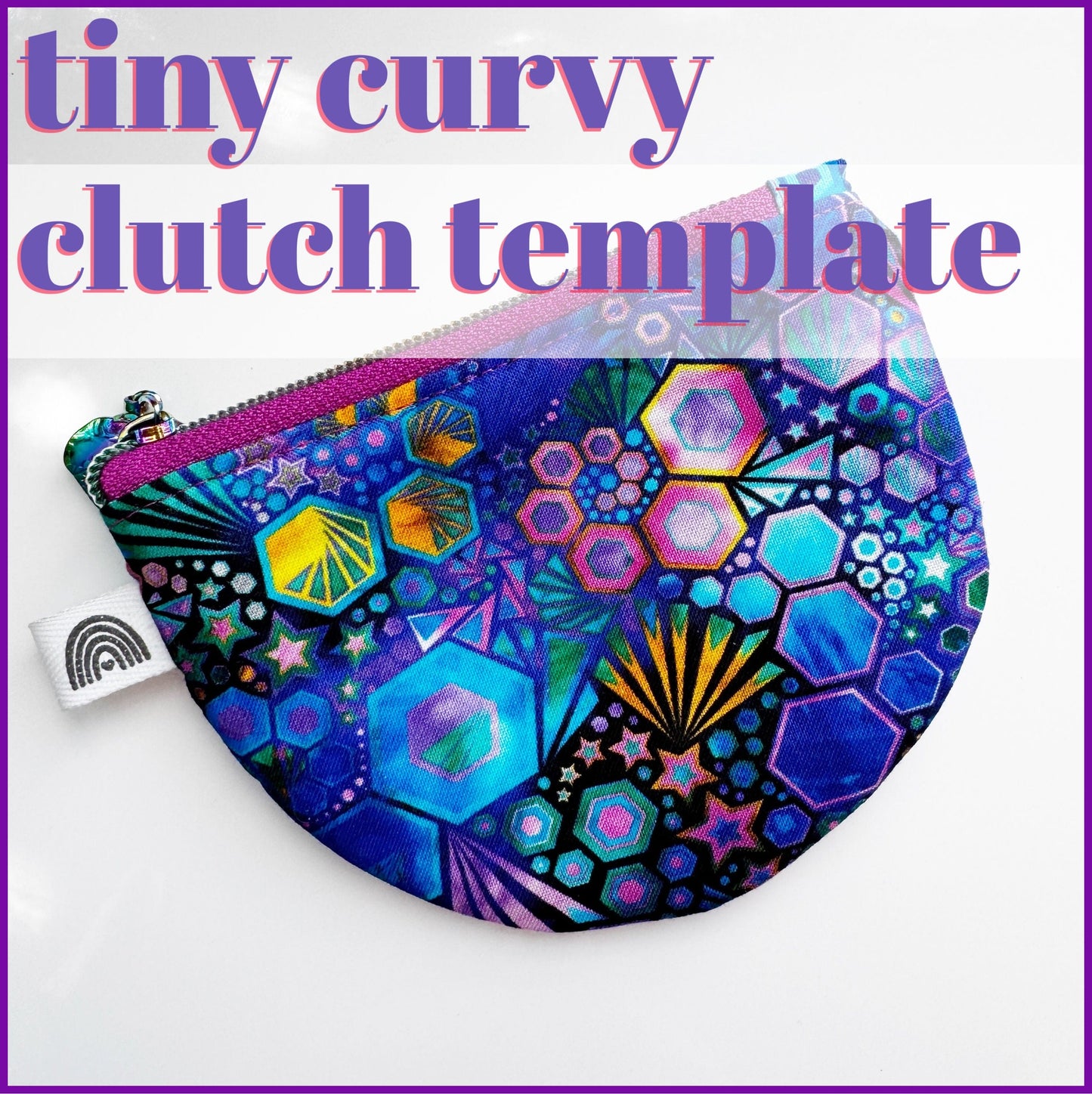 Tiny curvy clutch template with colorful geometric fabric.