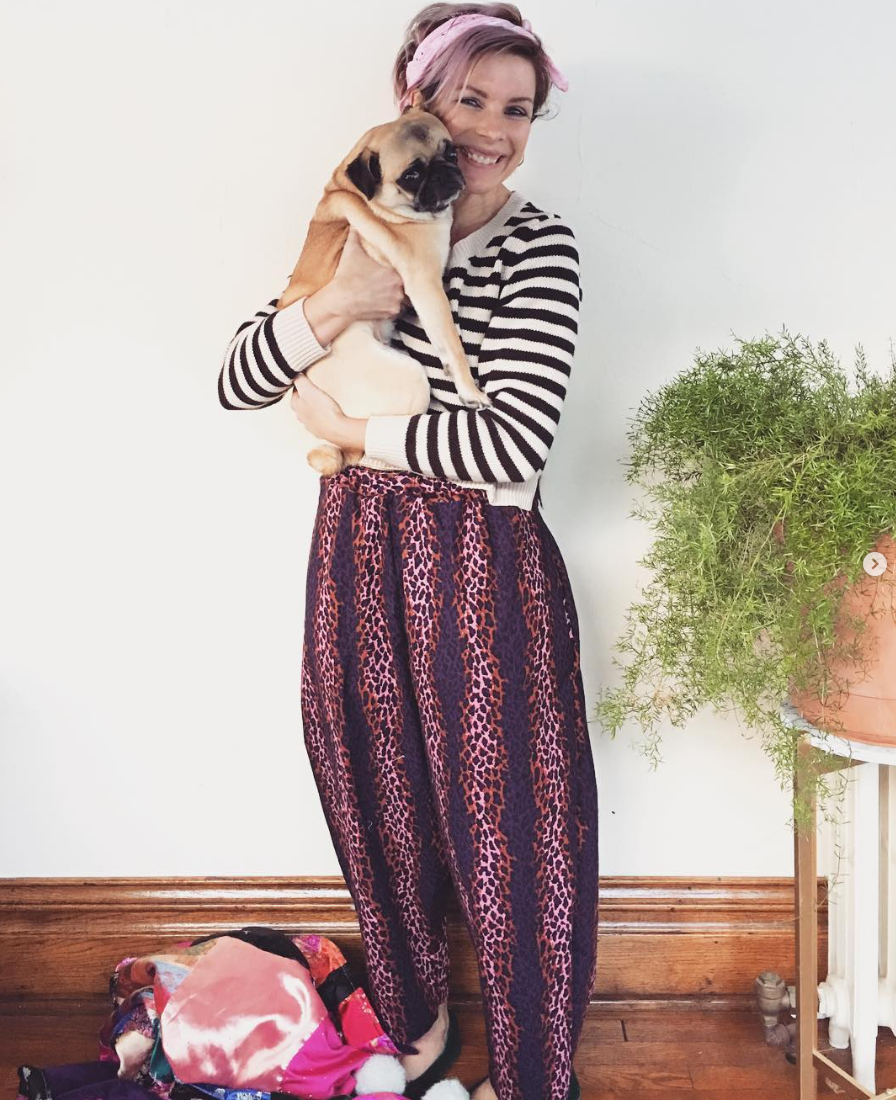 Ethel in leopard pants with dog, sewhungryhippie