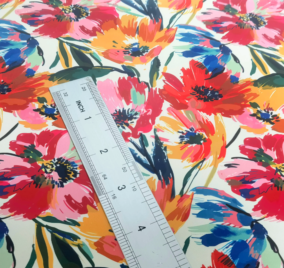 Floral watercolor vinyl fabric with ruler