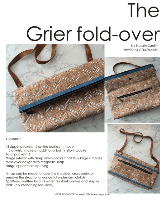 Grier fold-over bag cover with features listed.