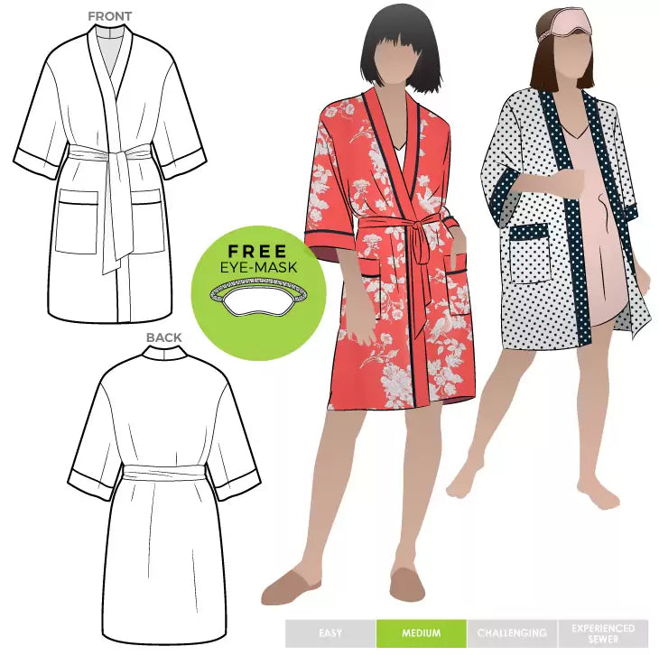 Loungewear robe pattern with eye mask, front & back views, and floral print.