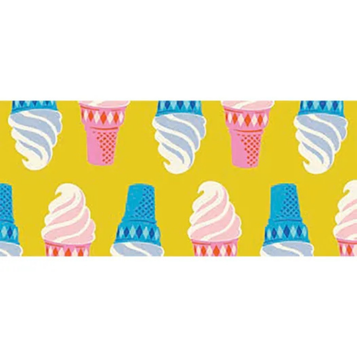 Ruby Star Society Sparkle Mart Ice Cream Cake Cone fabric by Melody Miller featuring a retro ice cream cone print in pink and blue on a vibrant yellow Golden Hour background.