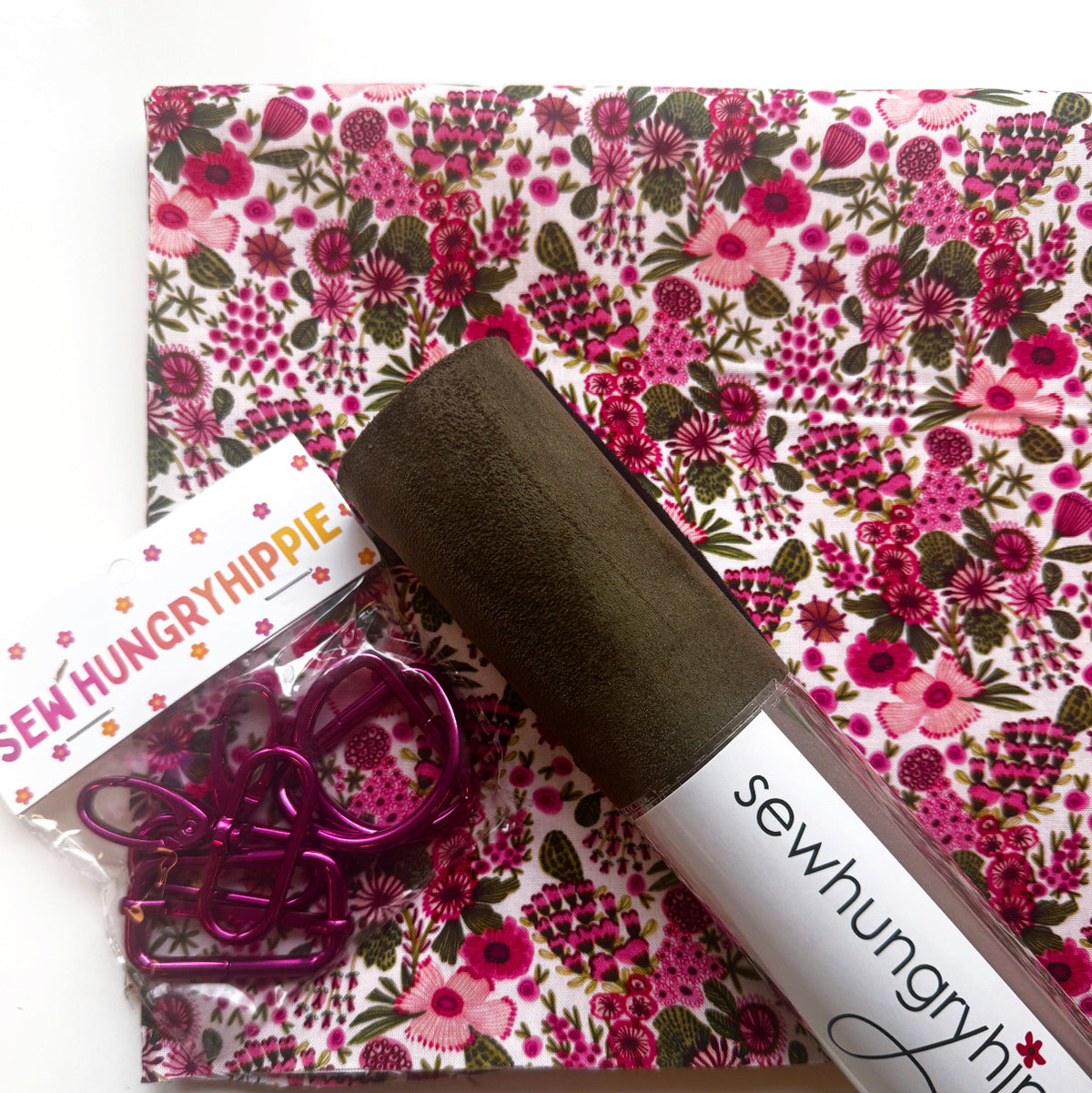 Sew Hungry Hippie bag-making bundle with 1 yard floral fabric, faux suede roll, and pink metal hardware pack