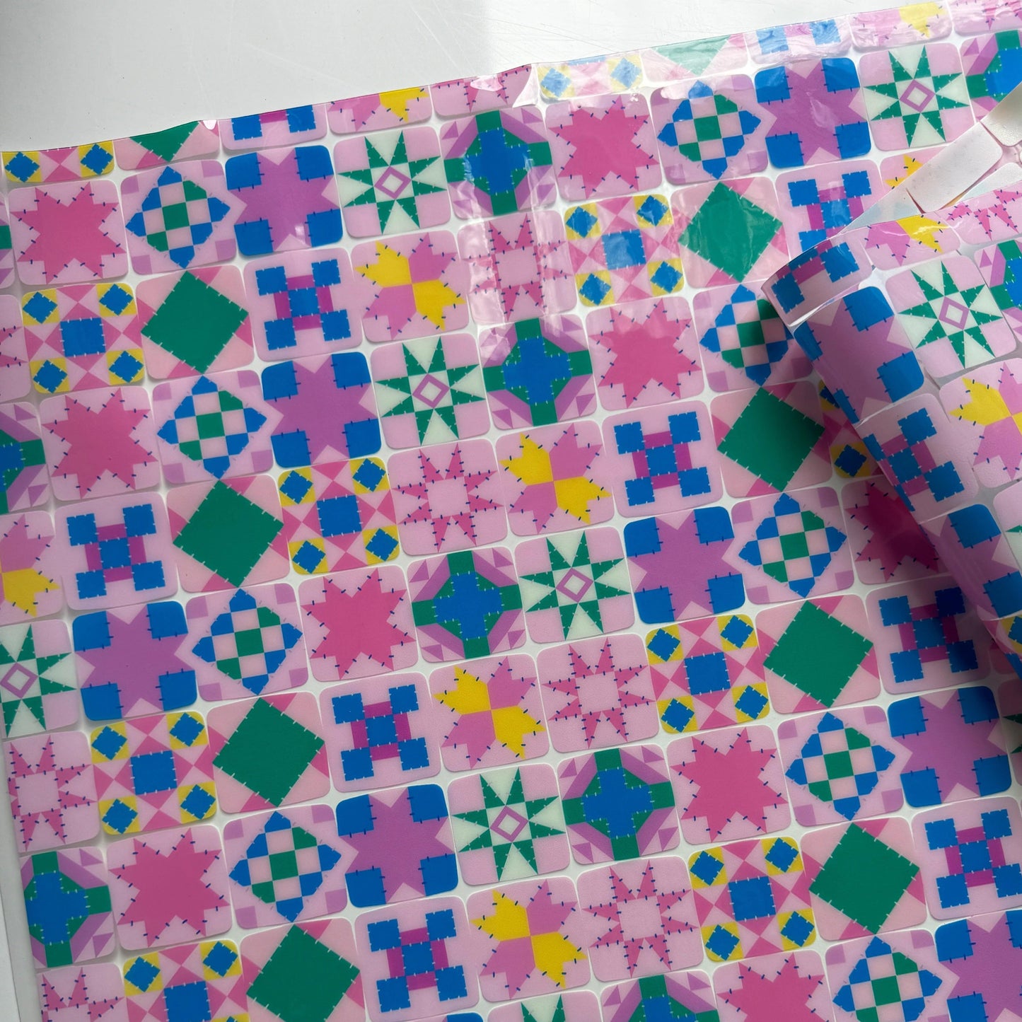 Tiny quilt block TPU fabric with colorful geometric pattern