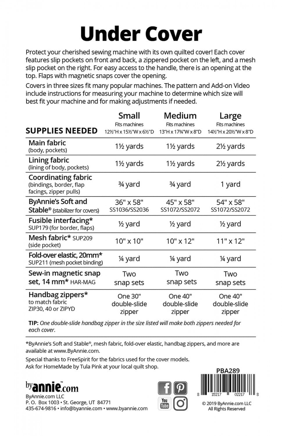 Under Cover sewing machine cover pattern supplies list