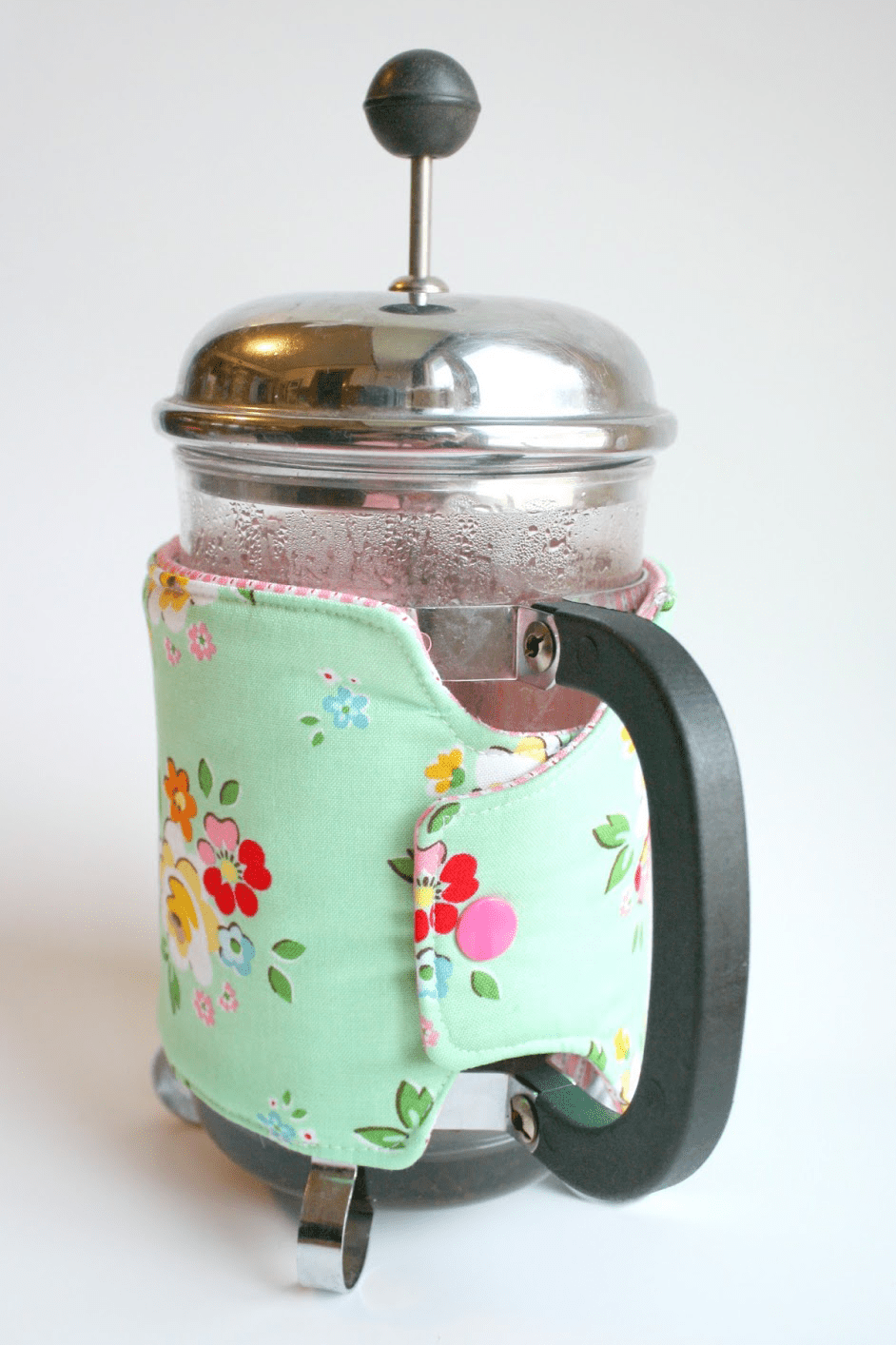 French press coffee with Santini floral sleeve