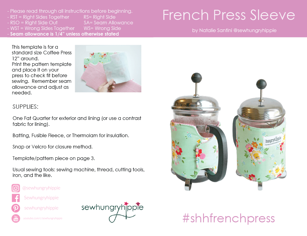 French press sleeve sewing pattern with fabric flowers.