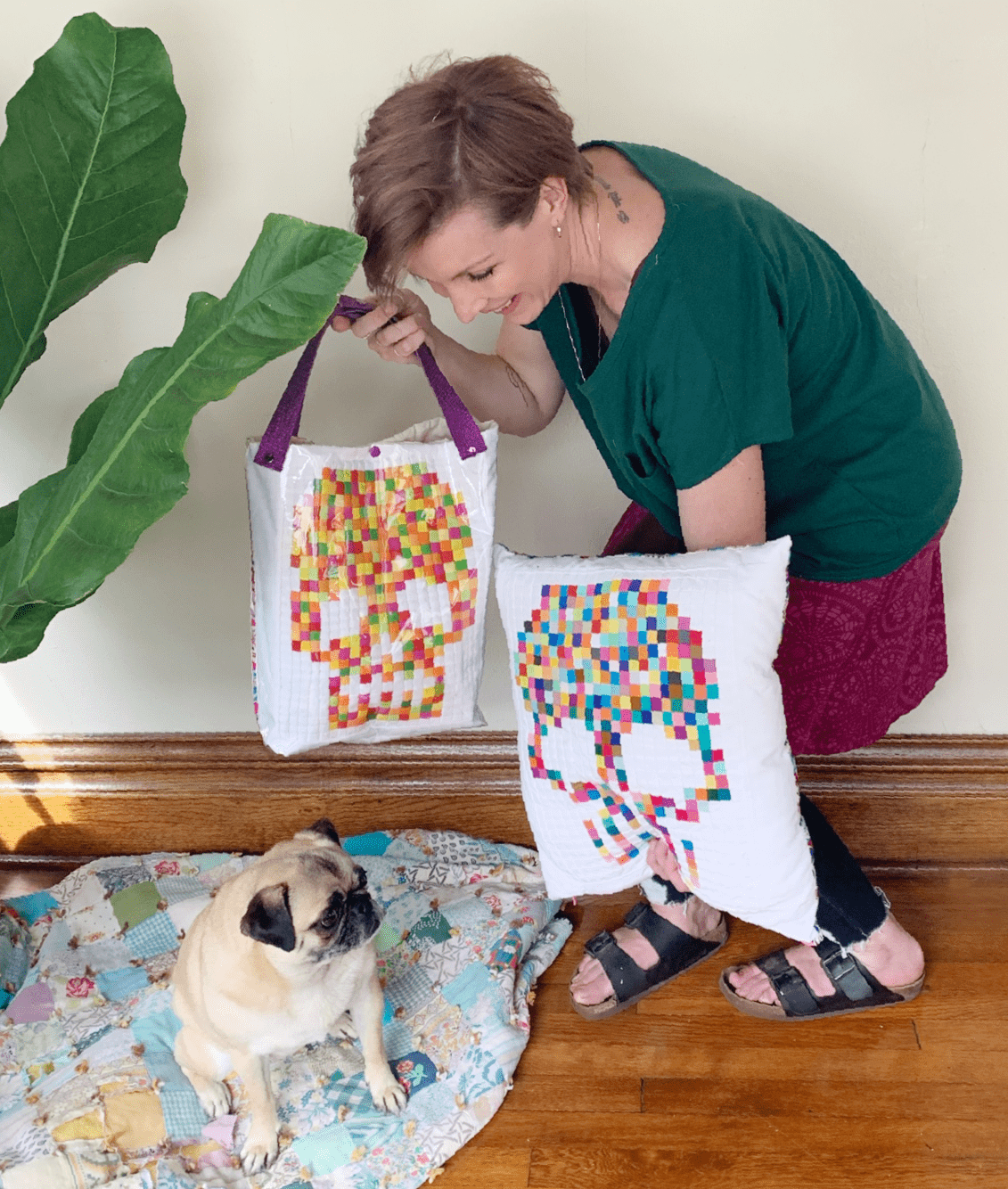 Woman with pixel skull tote bag & pillow, pug, IMG_2929