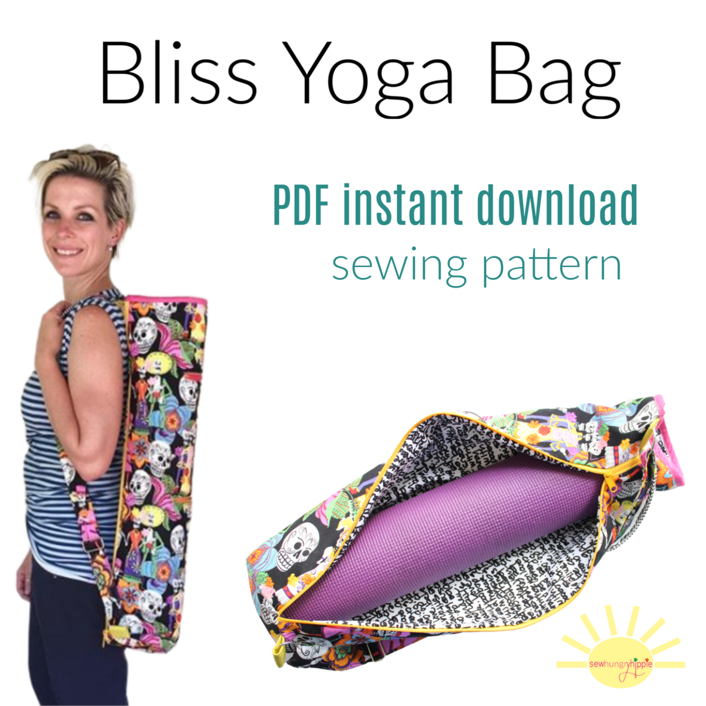 Bliss Yoga Bag Sewing Pattern PDF - Shows bag & woman with yoga mat