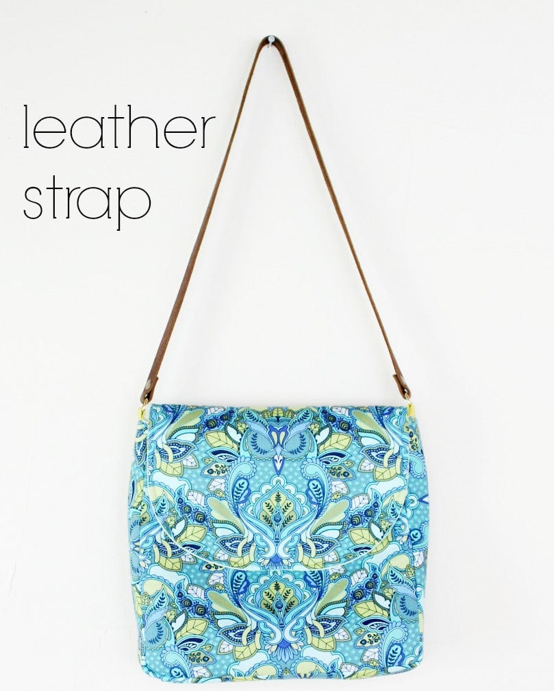 Blue patterned bag with leather strap