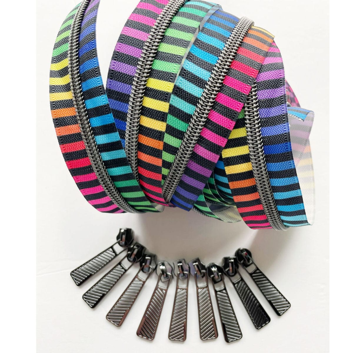 Rainbow striped zipper tape with zipper pulls