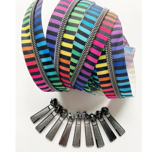 Rainbow striped zipper tape with zipper pulls
