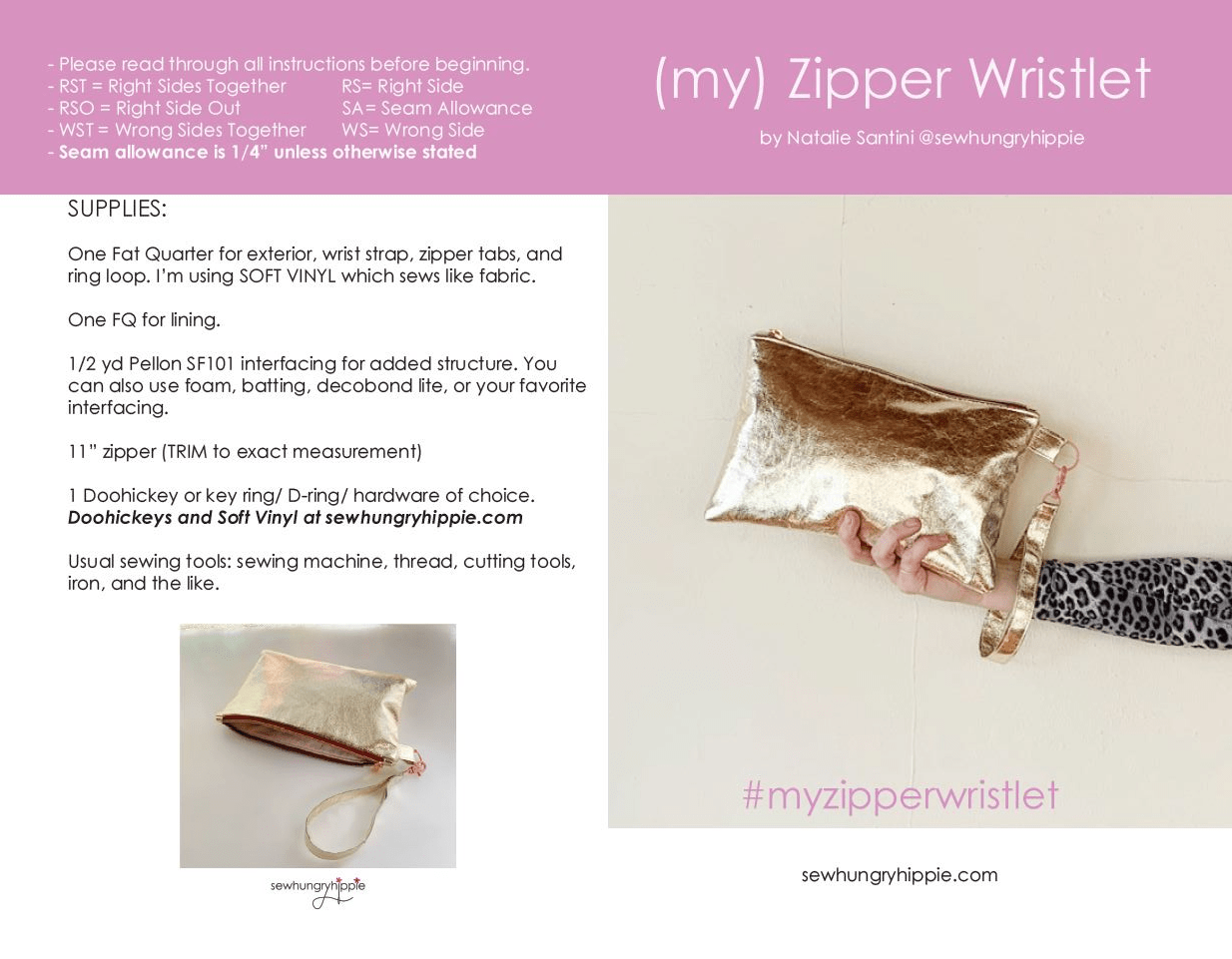 Zipper wristlet tutorial with gold fabric and wrist strap.
