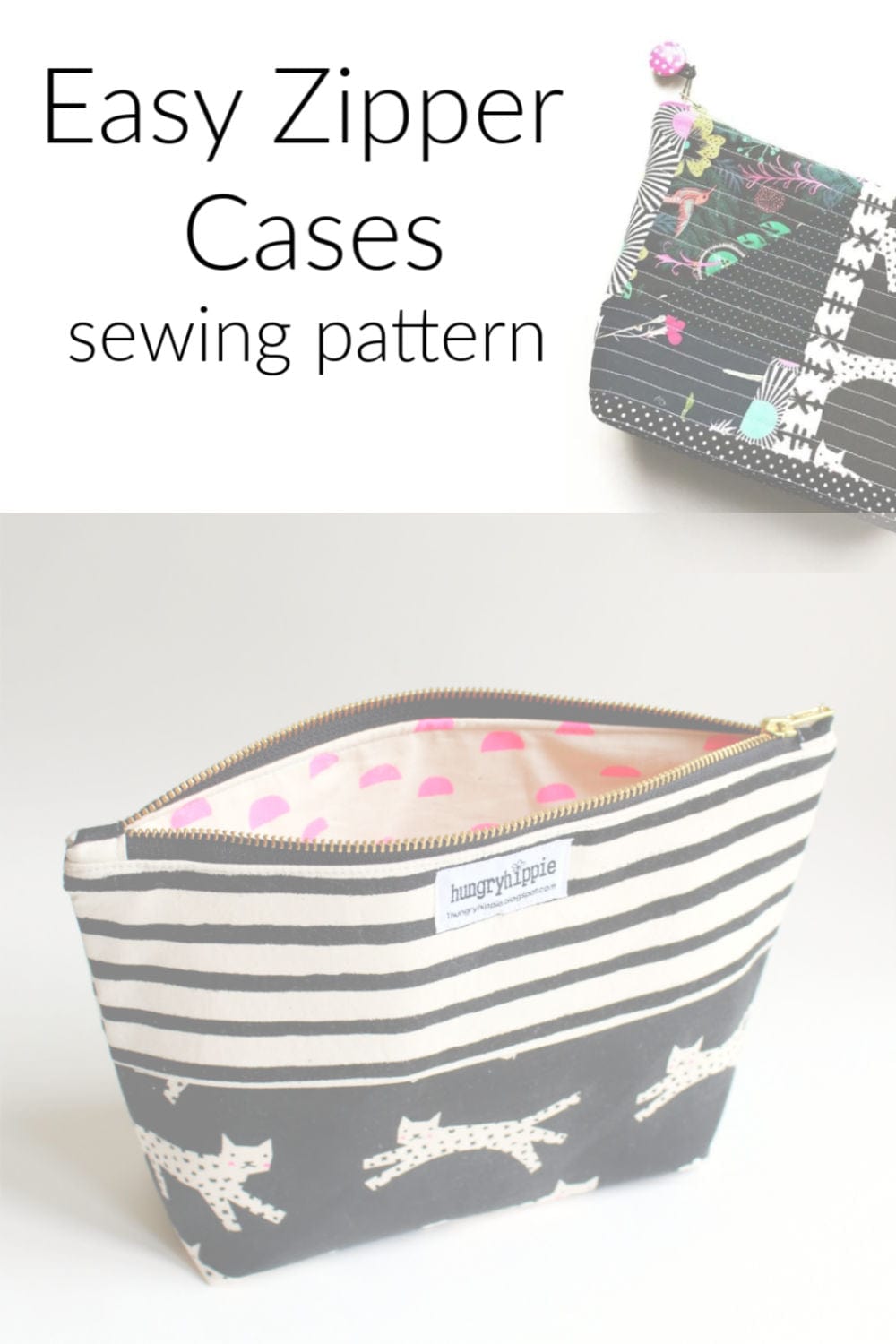 Easy zipper cases sewing pattern with pin-it inspiration
