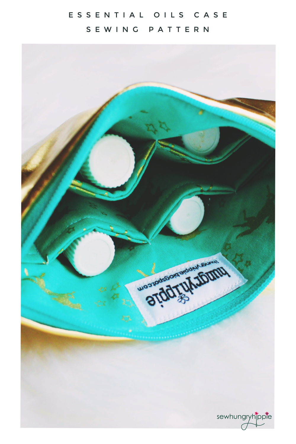 Essential oils case with bottles, sewing pattern.