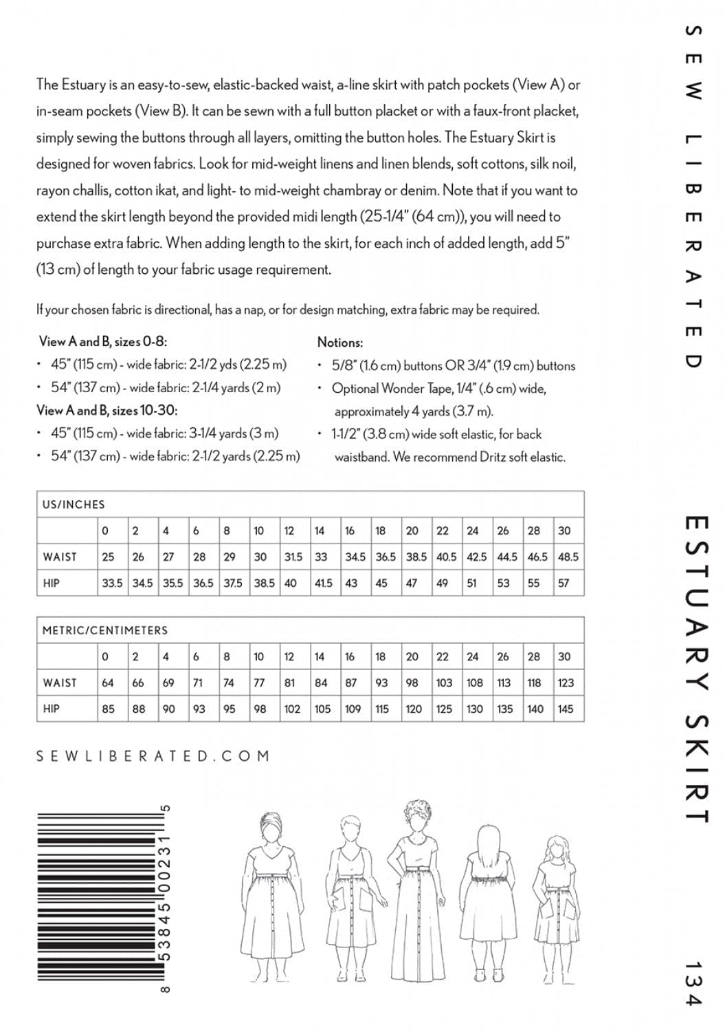 pattern details and size chart