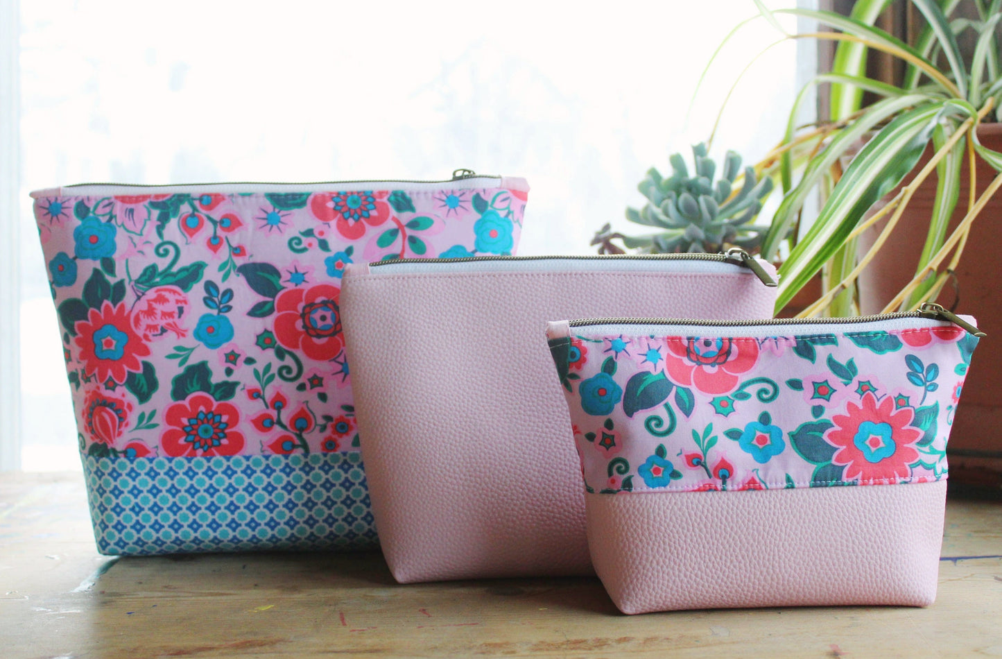 Etsy vinyl zipper case pattern set with floral and pink accents