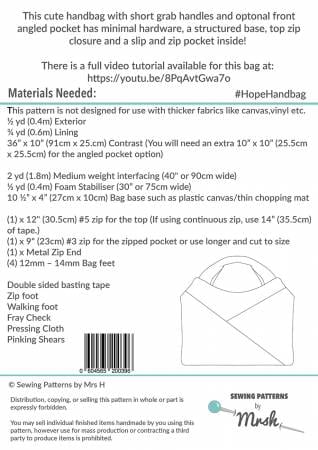 HopeHandbag sewing pattern with materials list.