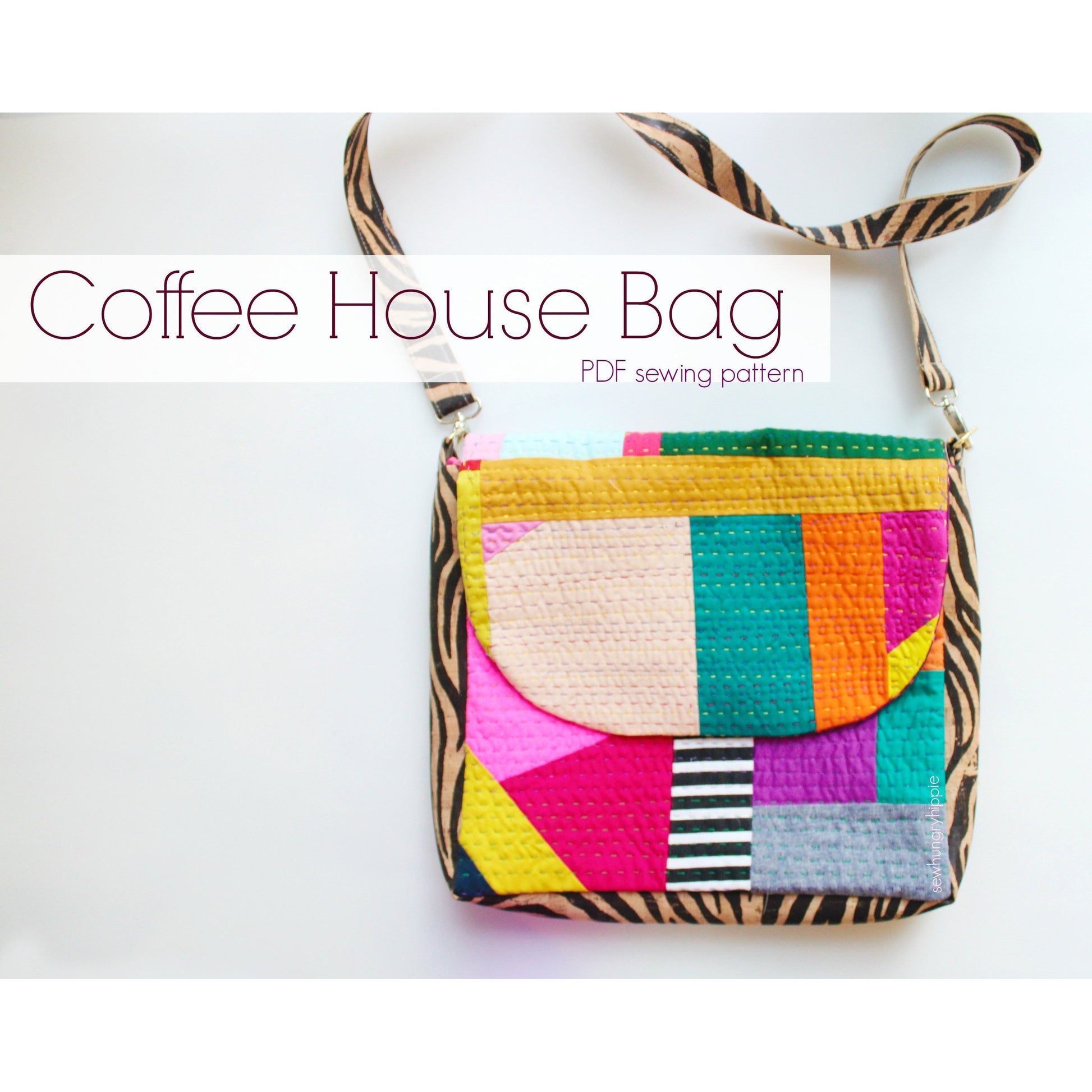 Coffee House Bag sewing pattern, colorful patchwork bag