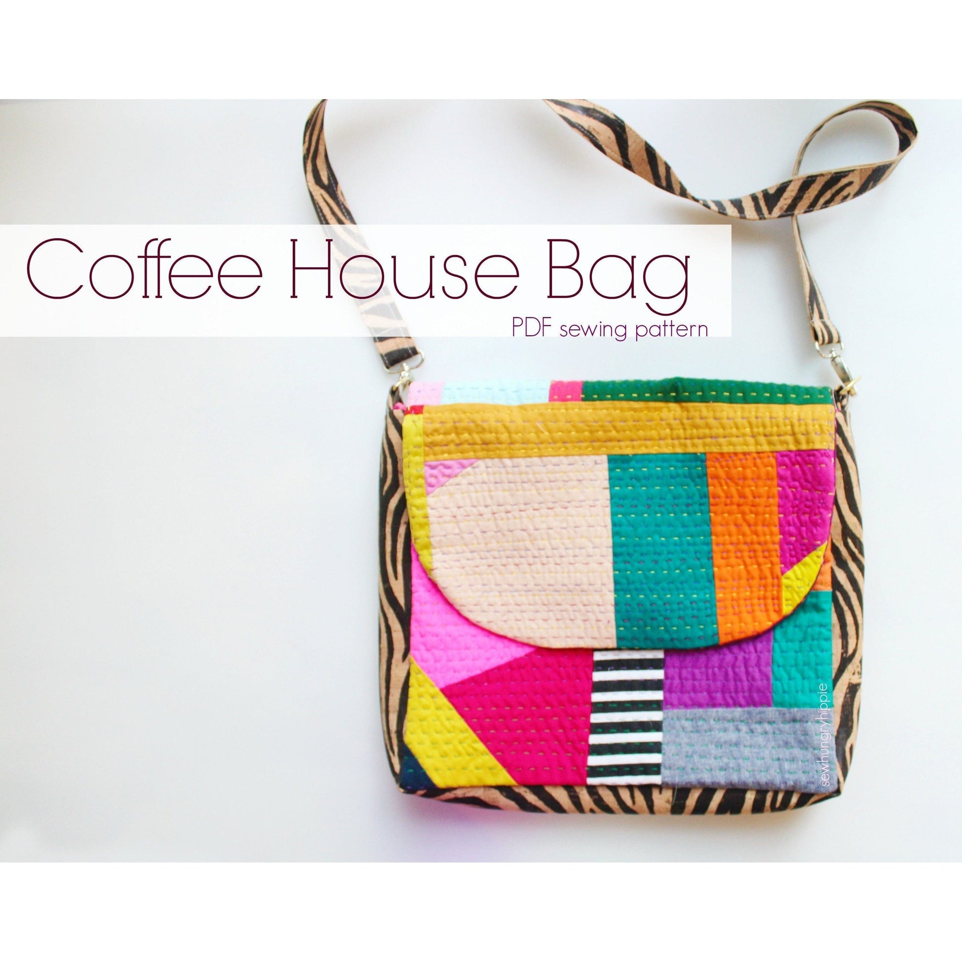 Coffee House Bag sewing pattern, colorful patchwork bag