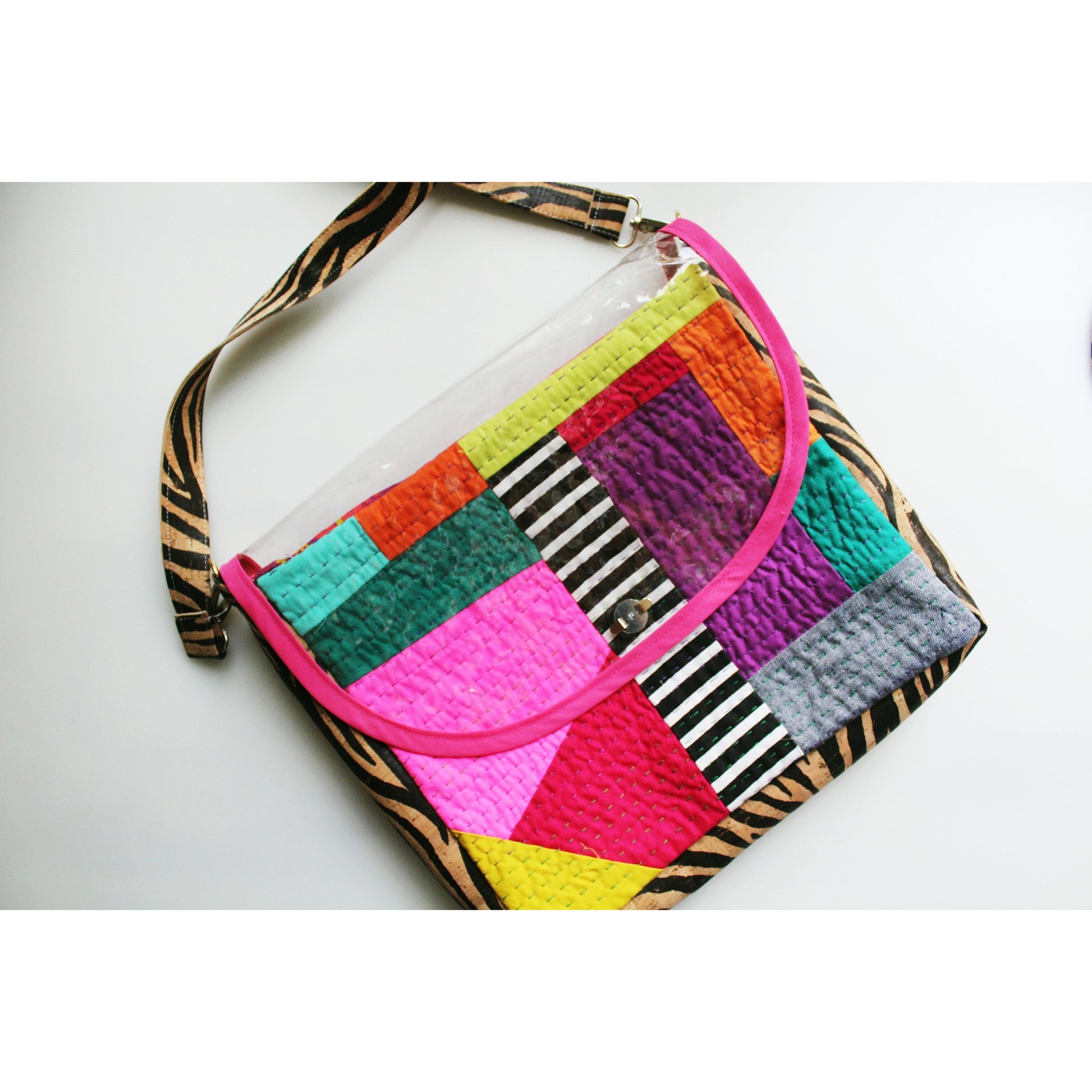 Colorful patchwork crossbody bag with zebra strap