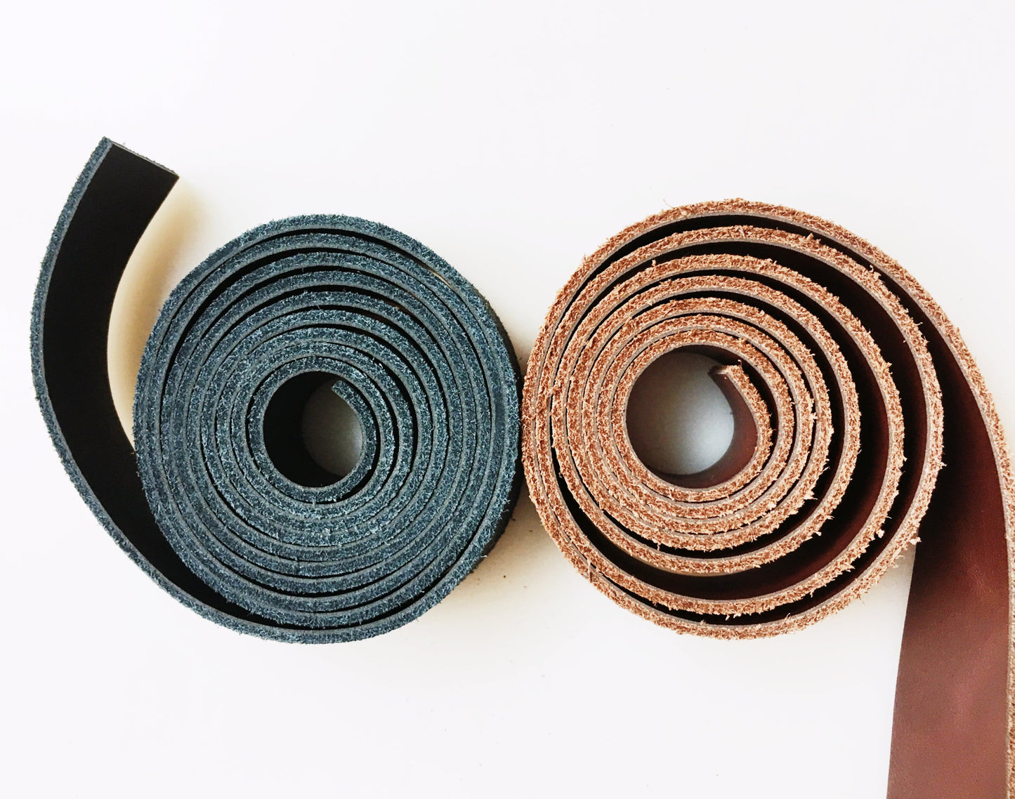 Rolled leather strips for handles, black & brown
