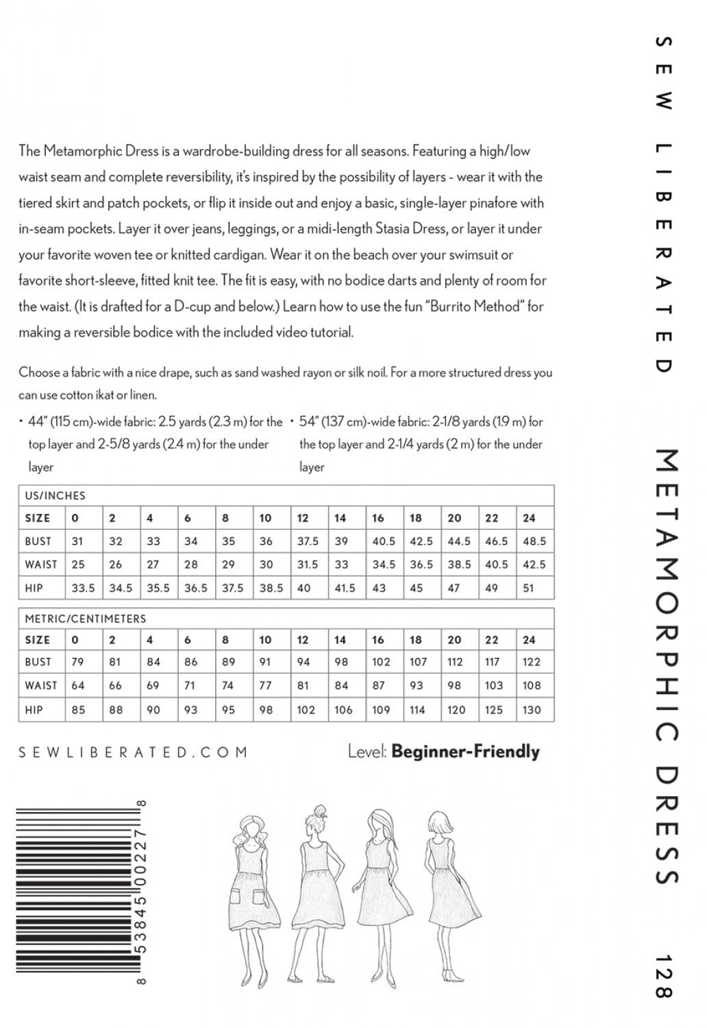 Metamorphic Dress pattern back with size chart