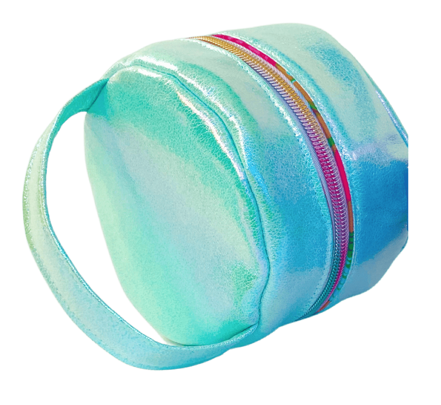 Iridescent blue cosmetic bag with rainbow zipper.