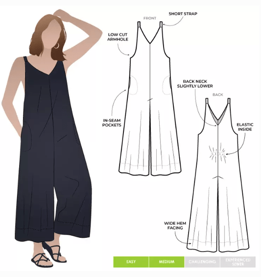 Norman jumpsuit pattern with low cut armhole and pockets