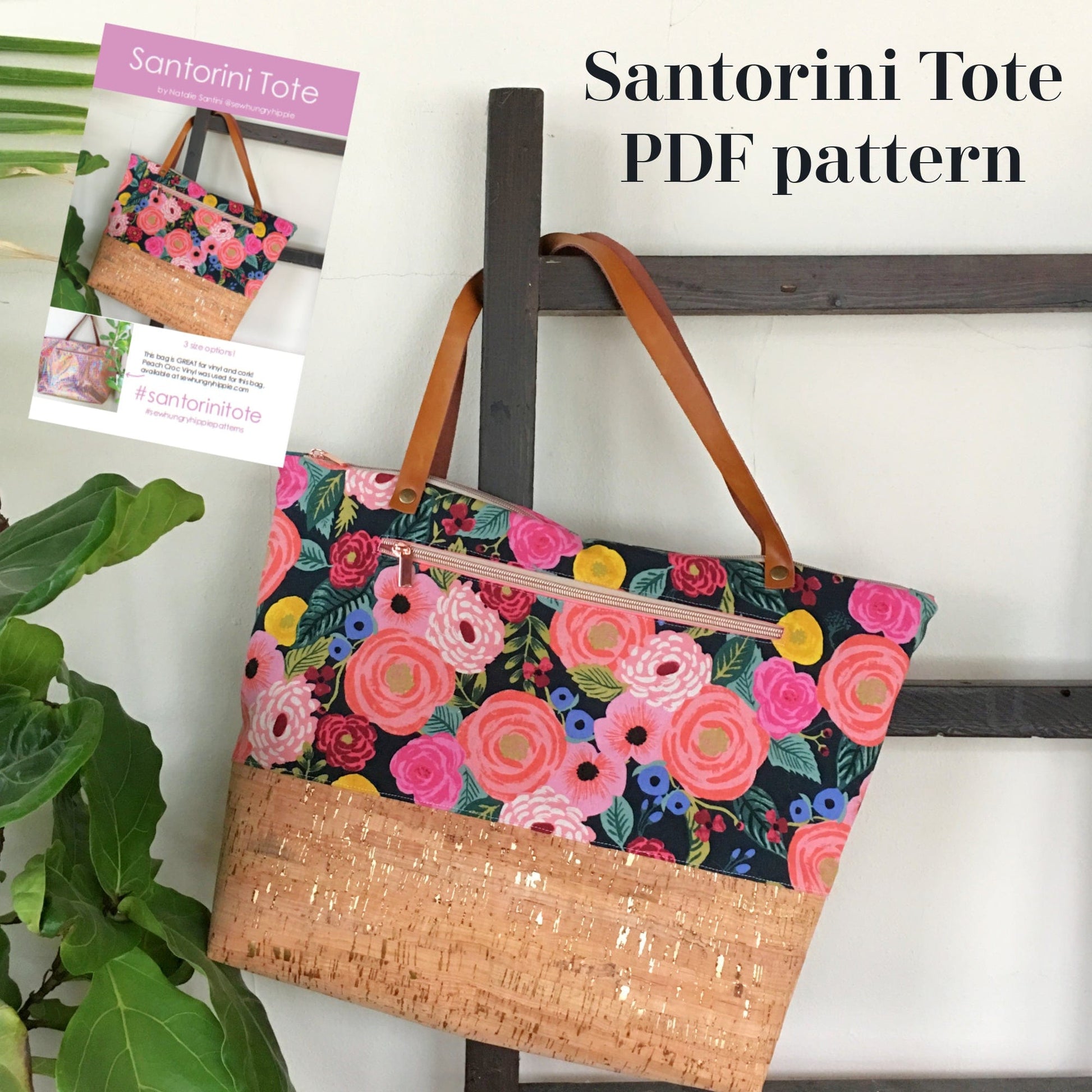 Santorini Tote bag with floral fabric and cork base, PDF pattern