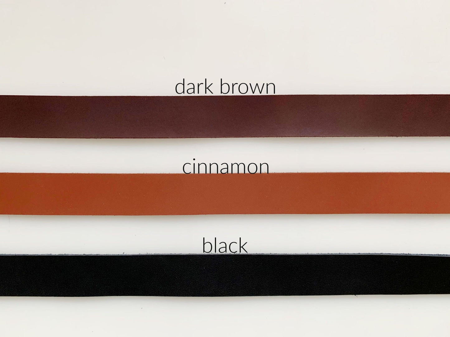 Sewable leather straps in dark brown, cinnamon, and black.