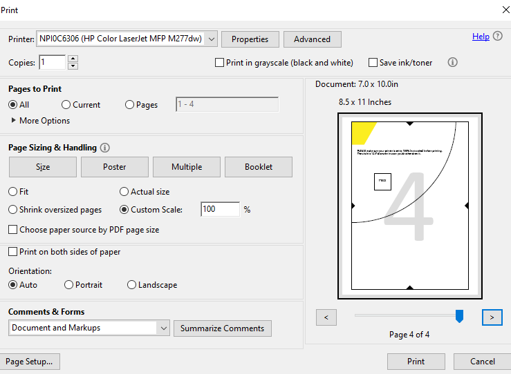 Print settings window showing how to print pages 1-4.