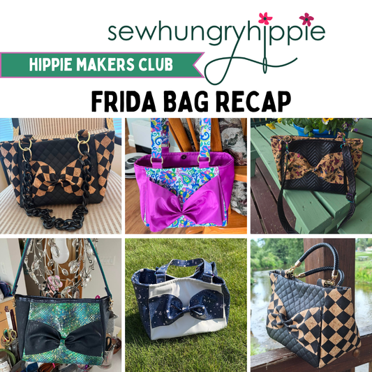 Collage of Frida Bag sewing projects in different fabrics and vinyls by Sew Hungry Hippie makers