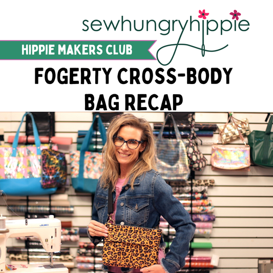 Fogerty Cross-Body Bag maker showcase featuring cork, vinyl, and canvas versions by Hippie Makers Club members