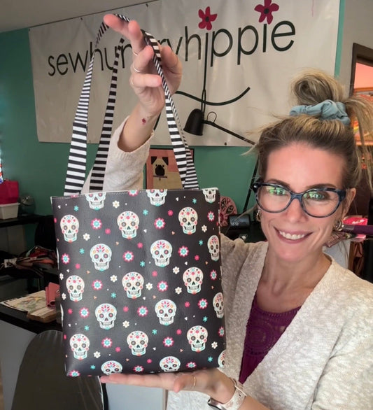 Fast Halloween treat bag sewing tutorial made with sugar skulls vinyl and shimmer fabric
