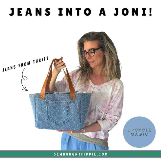 Upcycled denim jeans transformed into a Joni Bag sewing project