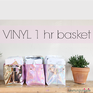Handmade shiny vinyl basket filled with folded sewing patterns for craft room storage