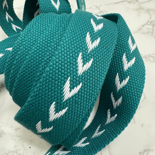Teal Embroidered  Cotton 1.5" webbing 5 yds