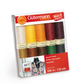 A pack of Gütermann Creativ Sew-all Thread in the "Fall Colors" set, containing 10 spools of universal polyester sewing thread. The spools are arranged neatly in a clear plastic package, showcasing a palette of warm autumn shades including cream, golden yellow, rust orange, deep red, rich brown, and forest green.