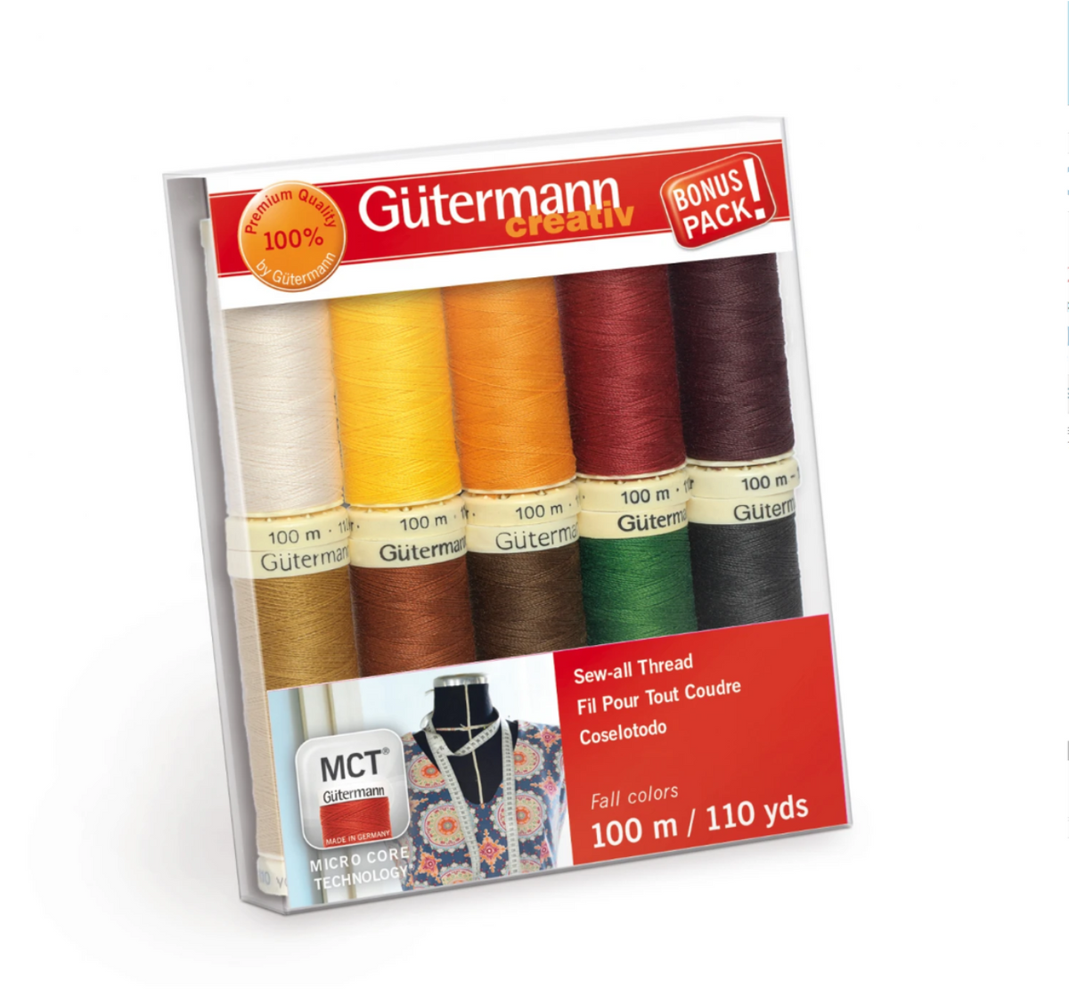 A pack of Gütermann Creativ Sew-all Thread in the "Fall Colors" set, containing 10 spools of universal polyester sewing thread. The spools are arranged neatly in a clear plastic package, showcasing a palette of warm autumn shades including cream, golden yellow, rust orange, deep red, rich brown, and forest green.