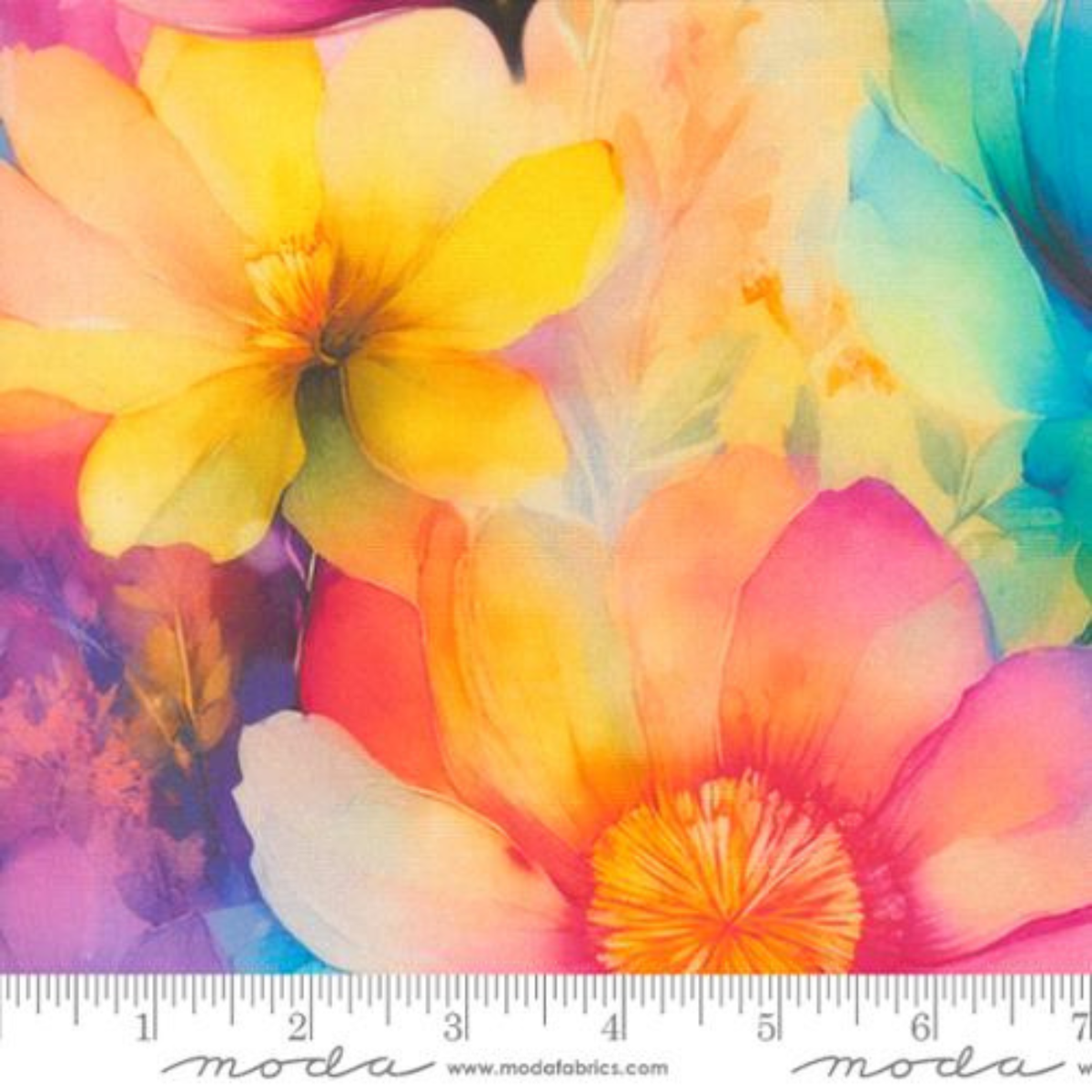 Striking fabric design featuring a vertical fluid acrylic or watercolor pour effect, showing streaks of vivid purple, deep pink, bright yellow, and blue bleeding into one another.