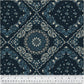 Classic bandana-style quilt backing fabric showcasing a large central mandala framed by a geometric diamond lattice. The detailed pattern features traditional paisley teardrops, tiny stars, and delicate flourishes in cream and slate blue over a dark navy blue background.
