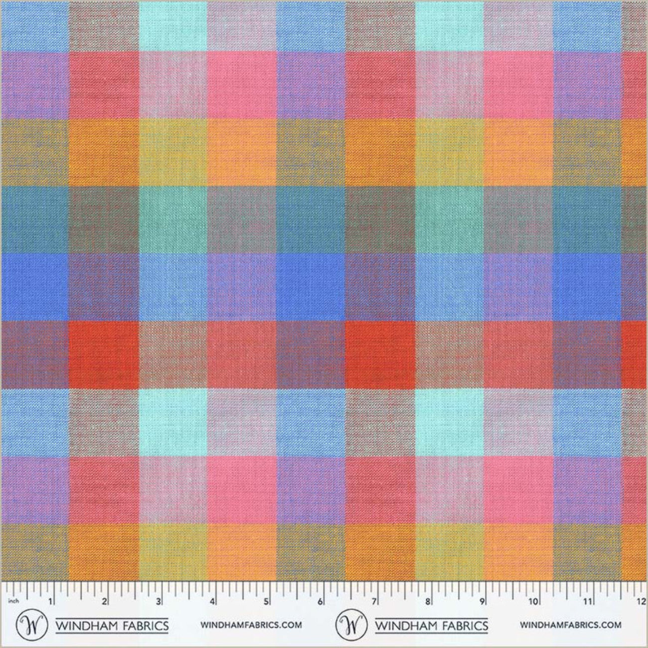 Vibrant rainbow plaid fabric by Windham Fabrics featuring a large-scale gingham or check pattern. The woven texture blends overlapping bands of bright coral red, sunny orange, grassy green, sky blue, and hot pink, complete with a fabric ruler salvage edge at the bottom.