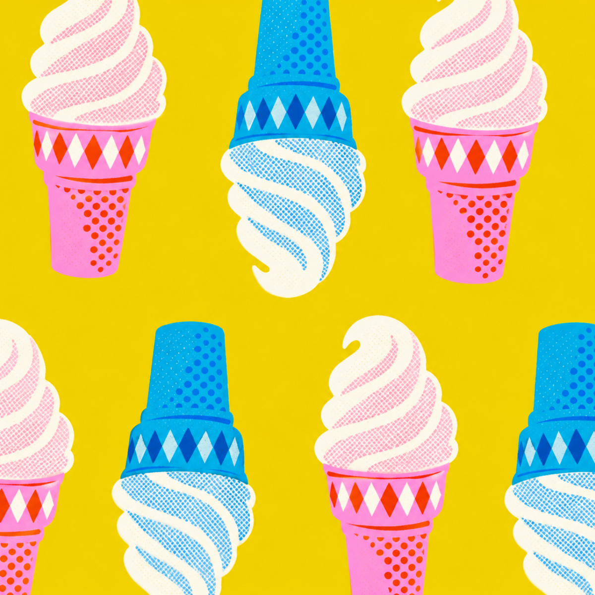108SparkleMart Golden Hour RS012413 Ruby Star fabric digital print featuring pink and blue soft-serve ice cream cones with retro geometric patterns on a vibrant yellow background.