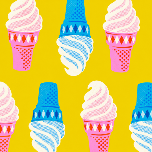 108SparkleMart Golden Hour RS012413 Ruby Star fabric digital print featuring pink and blue soft-serve ice cream cones with retro geometric patterns on a vibrant yellow background.