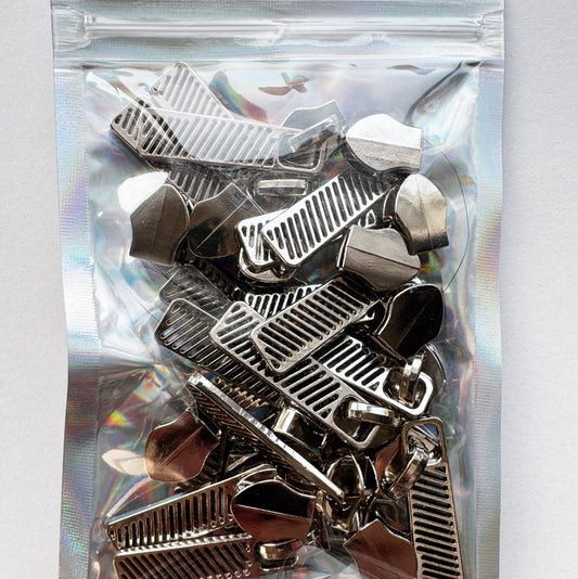 20-pack silver zipper pulls for #5 zipper tape, durable hardware for handbags, wallets, and sewing projects.