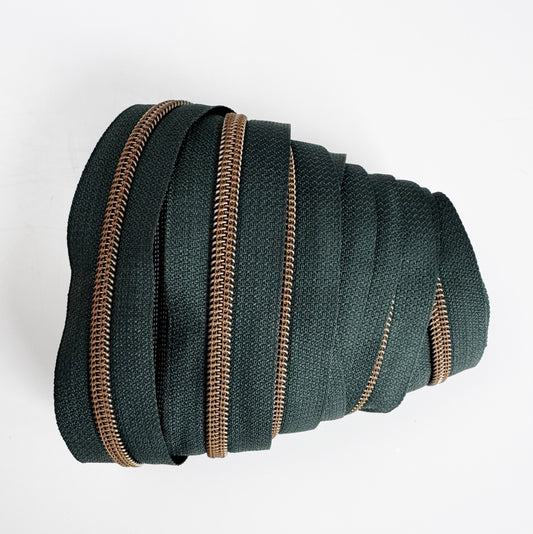 Hunter Green Zipper Tape with bronze teeth 3 YDS