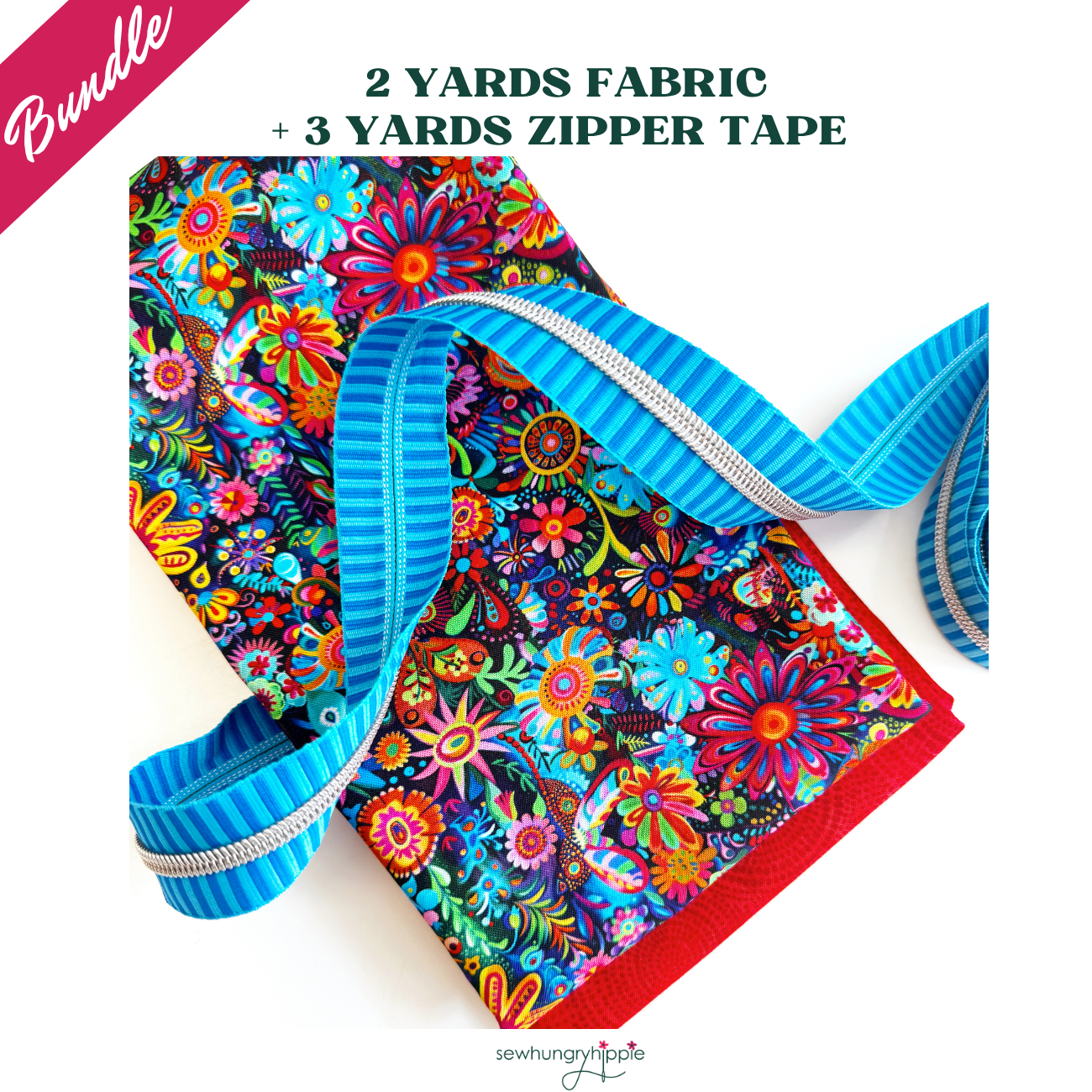 Art Floral Bright Bundle - 2 Yards Fabric & 3 Yards Zipper Tape