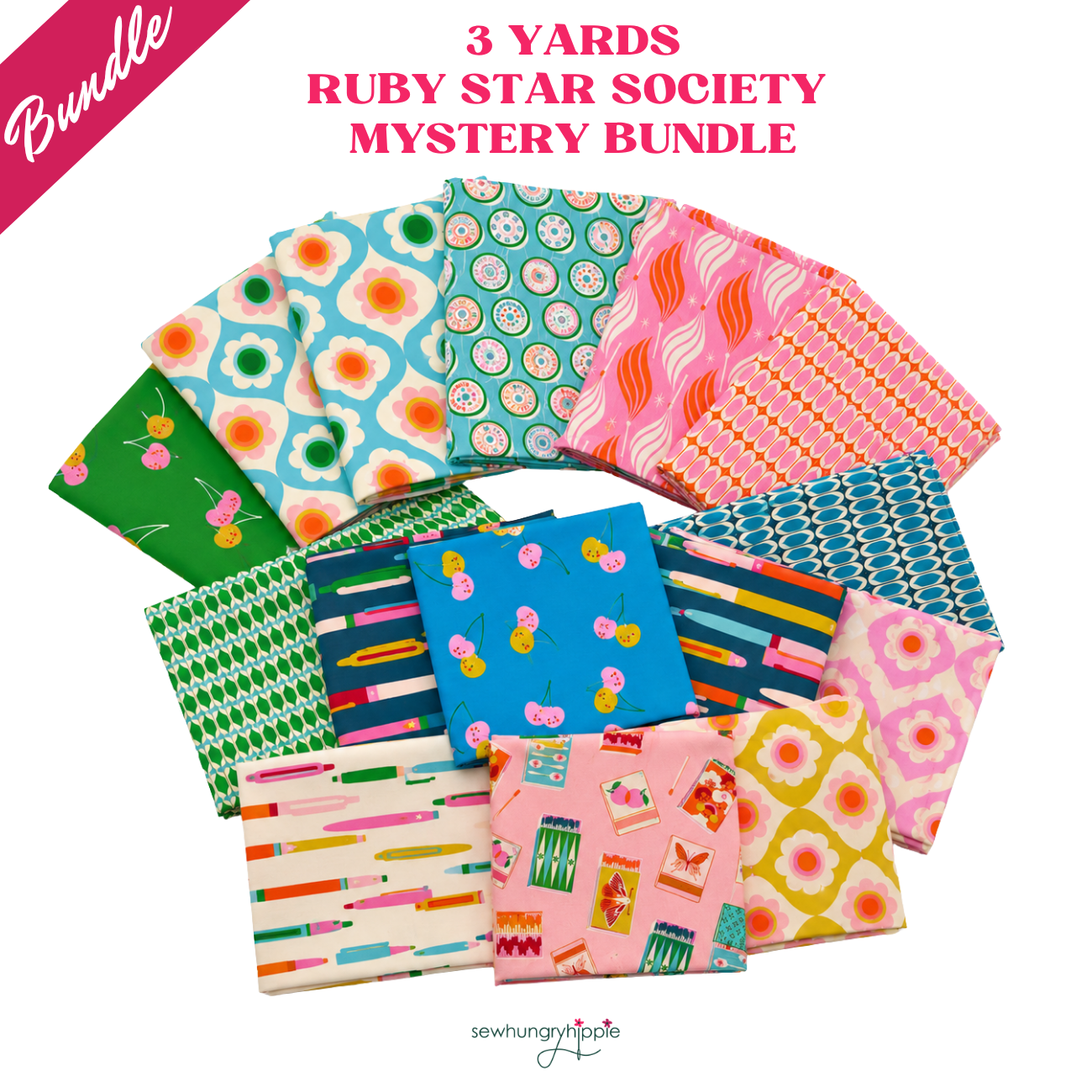 Collection of colorful fabric squares with '3 Yards Ruby Star Society Mystery Bundle' text on a white background.