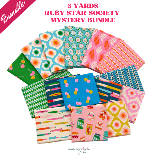 Collection of colorful fabric squares with '3 Yards Ruby Star Society Mystery Bundle' text on a white background.